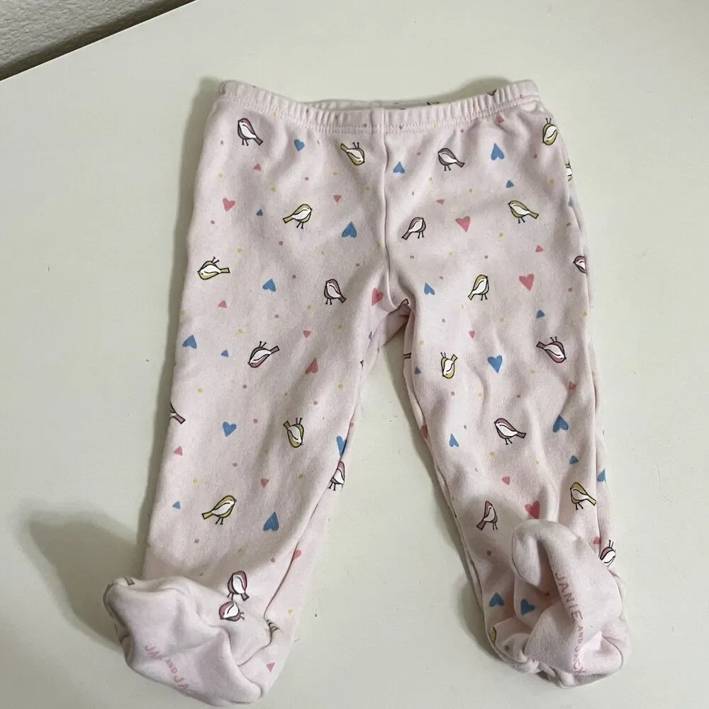 Janie and Jack Pink Bird Heart Kimono Top Footed Pants Set Baby Girl 3-6 Months